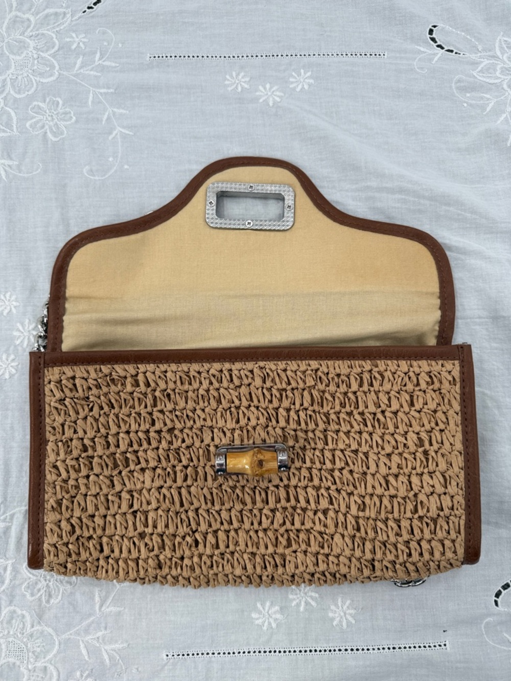 Straw Studios Bag Wm Woven Silver Chain Shoulder Purse Summer Preppy Boho - Picture 6 of 9